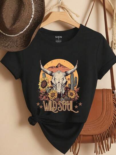 Glissea Women Western Cow Head And Letter Printed Short Sleeve Round Neck Top For Summer Graphic Tees Women Tops