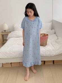Dazy Kids 少女心形印花荷叶边睡裙家居服夏季 - 藍色 - 查看 5