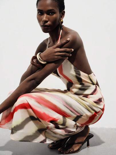 Aveloria Modichic Tie Dye Gradient Chiffon Print Halter Neck Backless Tie Maxi Dress, Minimalist Elegant Vacation Versatile Summer Party Dress