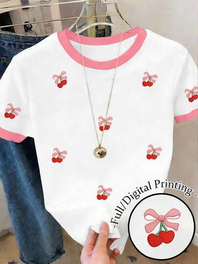 SHEIN Young Girl Vintage Cute Pink Bow Cherry Print Pattern, Casual Minimalist Round Neck Short Sleeve T-Shirt Suitable For Summer, Cute Summer, Summer Items, Summer Outing Items, Korean Style, Easy Comfort, Stylish, Y2K, Kawaii, Party, Everyday, Vacation, Cute, Comfy