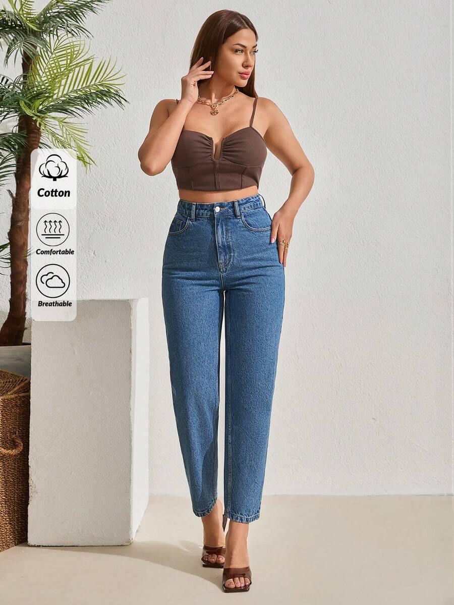 EURMUSE 100% Cotton Denim High Rise Super Mom Fit Denim Jean - Medium Wash - View 1