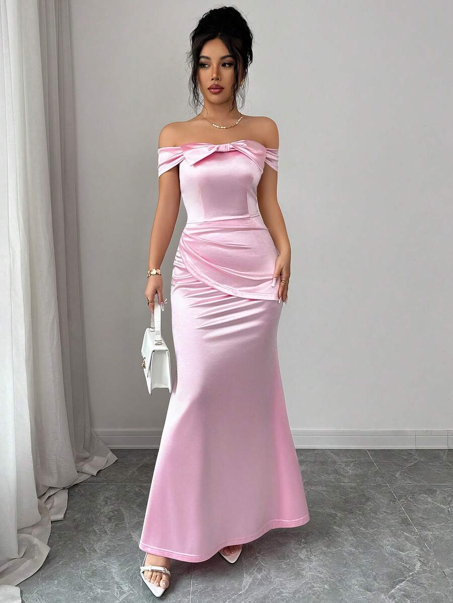 Elenzga 女士露肩蝴蝶结优雅长裙 - 粉色 - 查看 1