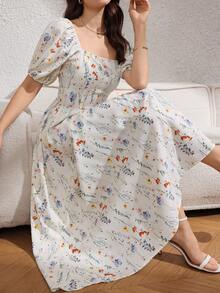 Rafferiza 女士优雅休闲宫廷风简约方领花瓣袖露背收腰飘逸印花长裙，夏季 - 杏色 - 查看 1