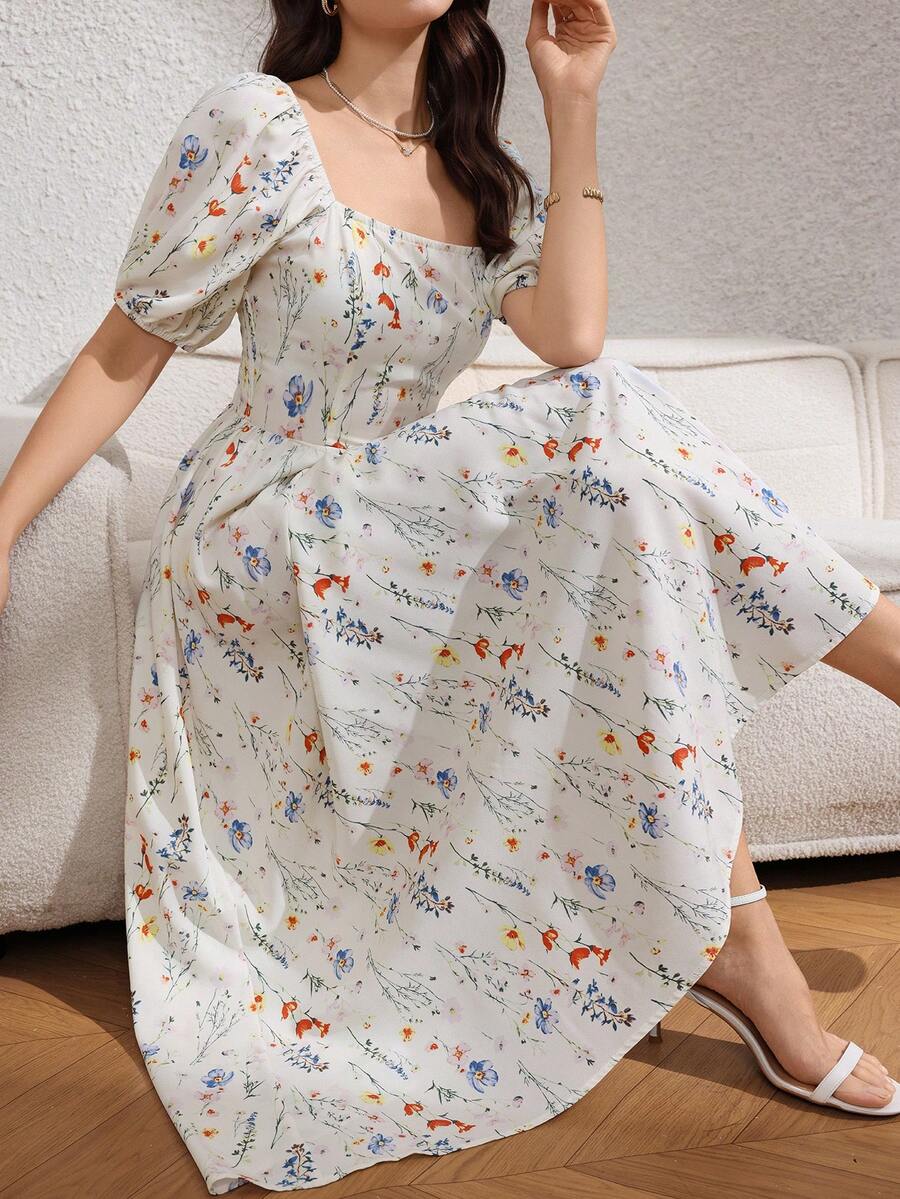 Rafferiza 女士优雅休闲宫廷风简约方领花瓣袖露背收腰飘逸印花长裙，夏季 - 杏色 - 查看 1