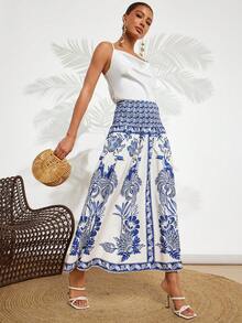 Amorya 女士波西米亚风印花A字裙，蓝白印花休闲度假装，春夏款 - 藍白色 - 查看 5