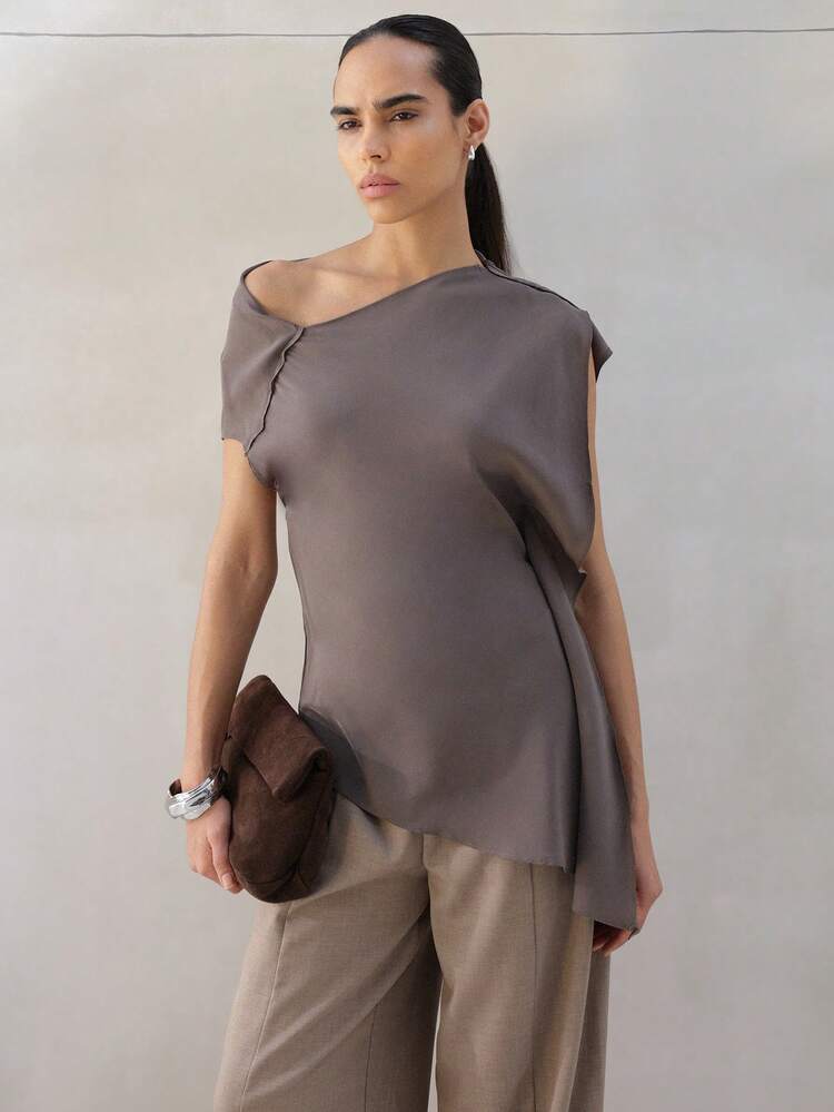 KSTM Women Asymmetric Off Shoulder Top With Short Sleeves And Contemporary Draping Detail For Modern Casual Styling