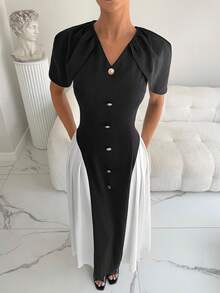 Siren Gaze Elegant Black And White Color-Blocked V-Neck Short-Sleeved Midi Dress For Women,Summer Party Night Fitted Silhouette With Metal Button Embellishment - Black and White - View 5