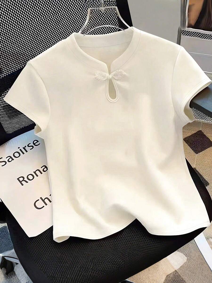 Resyla Niche Design Slim-Fit Chinese Style Short Sleeve T-Shirt For Women - White - View 1