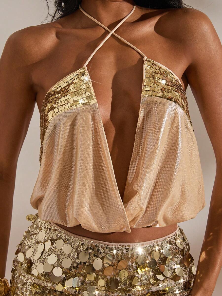 Opulessa Top halter sin espalda con decoración de lentejuelas para vacaciones en la playa de mujer - Dorado - Ver 1