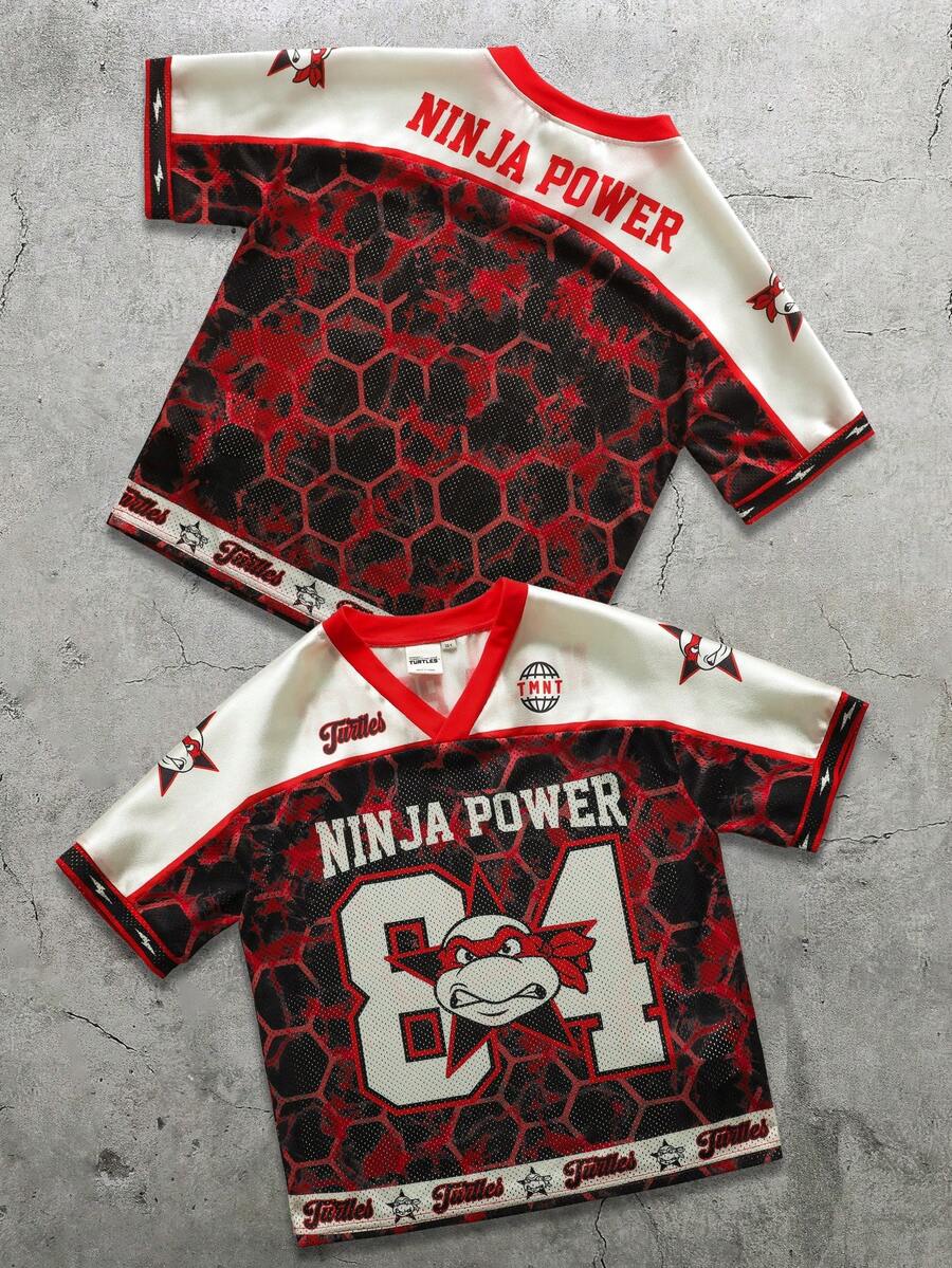 TEENAGE MUTANT NINJA TURTLES | SHEIN Áo thun tay ngắn cổ chữ V in chữ và số dành cho bé trai tuổi teen, kiểu dáng thường ngày, đa năng. - Nhiều màu - Xem 1