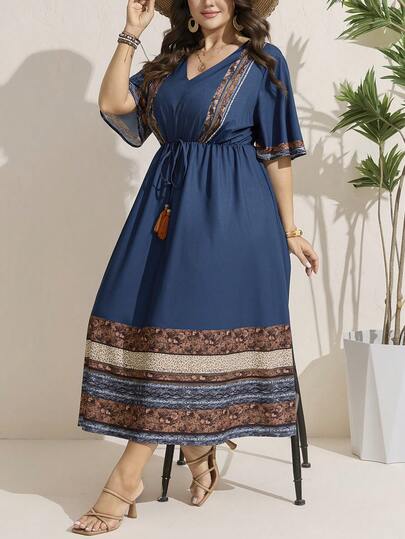 Comfylo Plus-Size Spring Casual Women Summer Id AI-Adha Elegant Women Vacation Blue V-Neck Short-Sleeved Fitted Design With A Waistline And Gathered Glamorous A-Line Hem Modest Maxi Dress