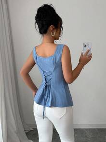 Elenzga New Spring/Summer Elegant Vintage Blue Tie-Up Waist Square Collar Sleeveless Blouse, Suitable For Vacation And Work - Blue - View 3