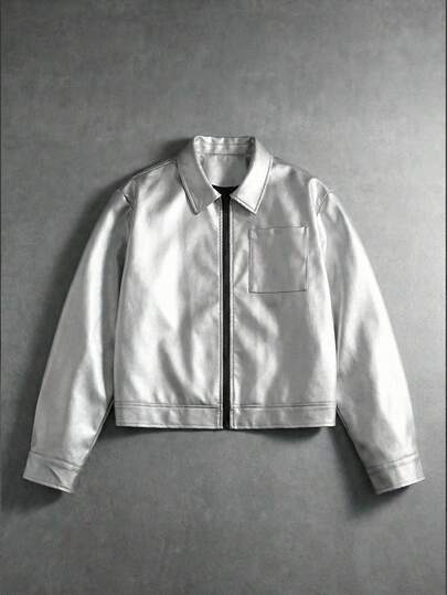  Pavtros Men's Fashionable Commuter Metallic Silver Cropped Jacket, Zip Up Streetwear, Modern Grey Short Jacket, Lightweight Shiny Bomber, Urban Casual Outerwear, Stylish Hip Hop Street Style, Versatile Daily Wear For Spring And Autumn