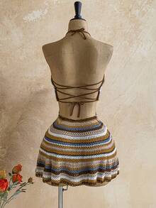 Soleia Women's Vacation Casual Colorblock Striped Backless Halter Knit Dress - Multicolor - View 2