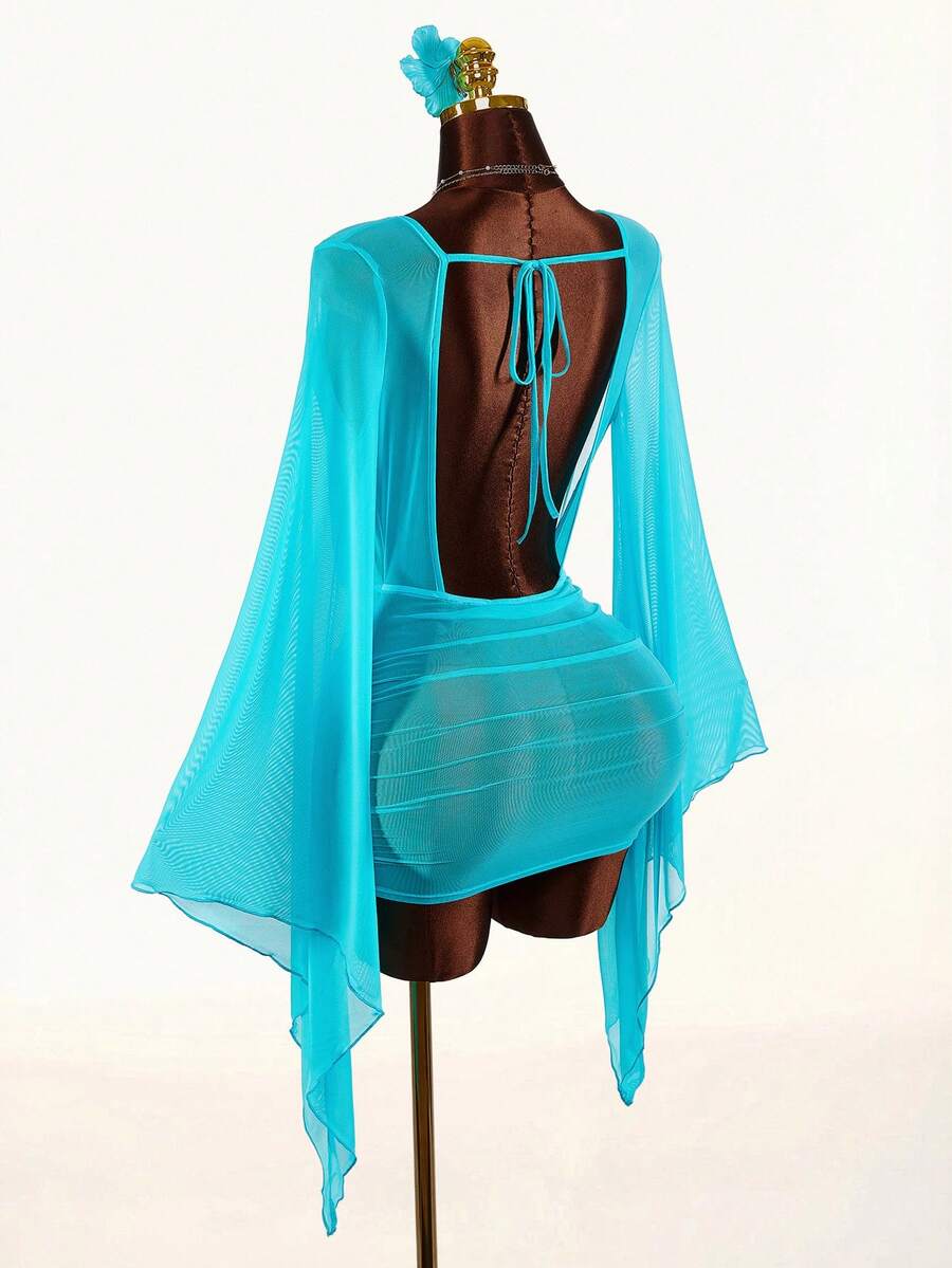 Amplova 女士长袖深V领罩衫半身裙，性感前卫透视泳衣罩衫迷你裙，可爱露背透视装，适合度假、春夏穿着 - 藍色 - 查看 1