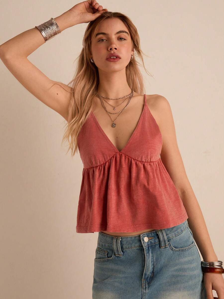 Easelle Áo thun nữ màu trơn xếp ly cổ yếm, kiểu dáng thường ngày, đa năng. - Đỏ - Xem 1