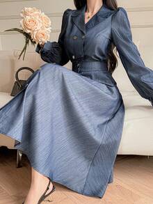 DAZY Women's Double-Breasted Long Sleeve Top And High Waist Midi Skirt Elegant 2 Pieces Set - Blue - View 3