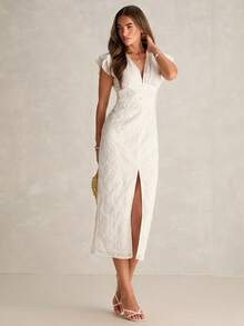 Enchnt Đầm Jacquard thanh lịch dành cho nữ với tay áo phồng và thiết kế cài nút. - trắng - Xem 3