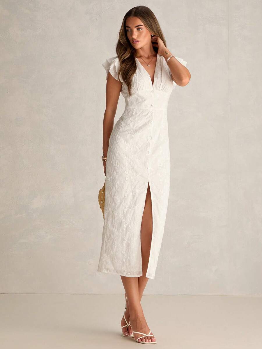 Enchnt 女士优雅提花连衣裙，泡泡袖纽扣设计 - 白色 - 查看 1