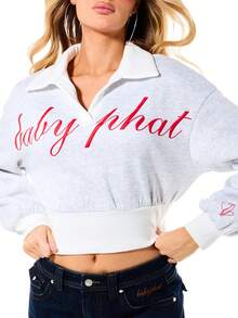 BABYPHAT 女士浅灰色翻领收腰卫衣，饰有文字印花，休闲套头衫 - 灰色 - 查看 4