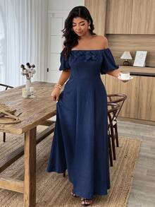 SHEIN LUNE Đầm trễ vai thanh lịch dành cho nữ cỡ lớn với họa tiết hoa 3D. - Màu xanh hải quân - Xem 8