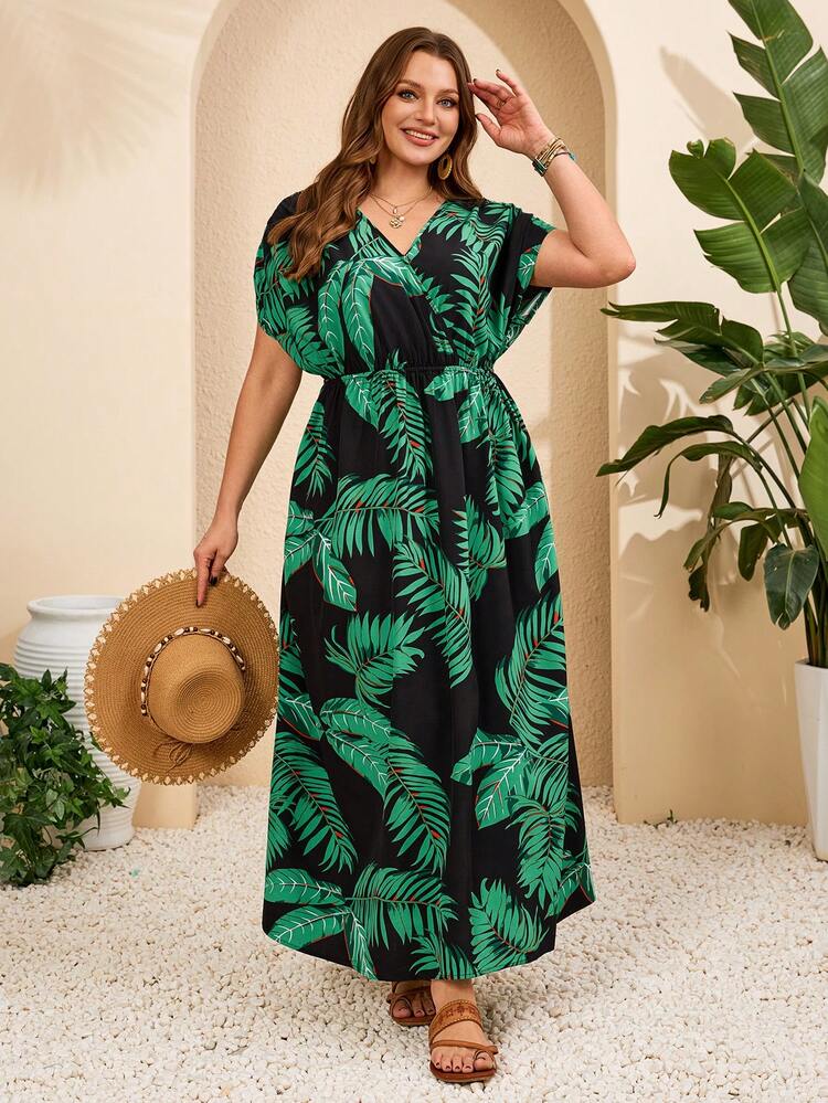 Plus Size Women Tropical Plant Print Batwing Sleeve Casual Dress Summer Dress  Summer Outfits Summer Clothes Spring Dress Spring Outfit Women Spring Clothing Floral Dress Floral Dresses For Women Beach Vacation Outfits For Women Vacation Dress Bohemian
