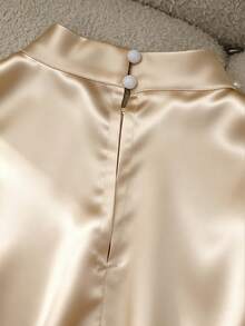 SHEIN LUNE Vestido de satén con cuello redondo, medio cuello, decorado con perlas, mangas cortas, cintura suelta con lazo, vestido de verano, ropa de verano para mujer, vestido de verano para mujer, de estilo elegante y casual, color melocotón - Albaricoque - Ver 9