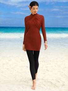 SHEIN Swim Shayni Đồ bơi đi biển mùa xuân/hè, bộ burkini 2 mảnh phối màu tay dài và quần dài kiểu Trung Đông dành cho nữ, có nơ trang trí. - Nhiều màu - Xem 5