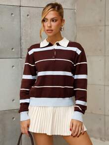 BiaLiraa 女式秋冬学院风马球领撞色条纹棕蓝宽松针织毛衣 - 彩色 - 查看 4