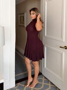 Maria Perezxox 女式简约时尚立领无袖 A 字迷你罗纹针织连衣裙 - 咖啡棕 - 查看 3