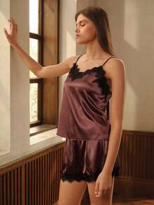 蕾丝边缎面吊带背心和短裤睡衣套装/睡衣套装 - 紫色 - 查看 8