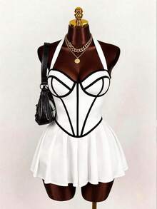 SHEIN BamGlam Summer Sexy Contrast Trim Ruched Hem Backless Halter Dress - White - View 4