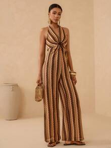 Vesra Women's V-Neck Hollow Out Halter Jumpsuit For Beach Vacation - Multicolor - View 6