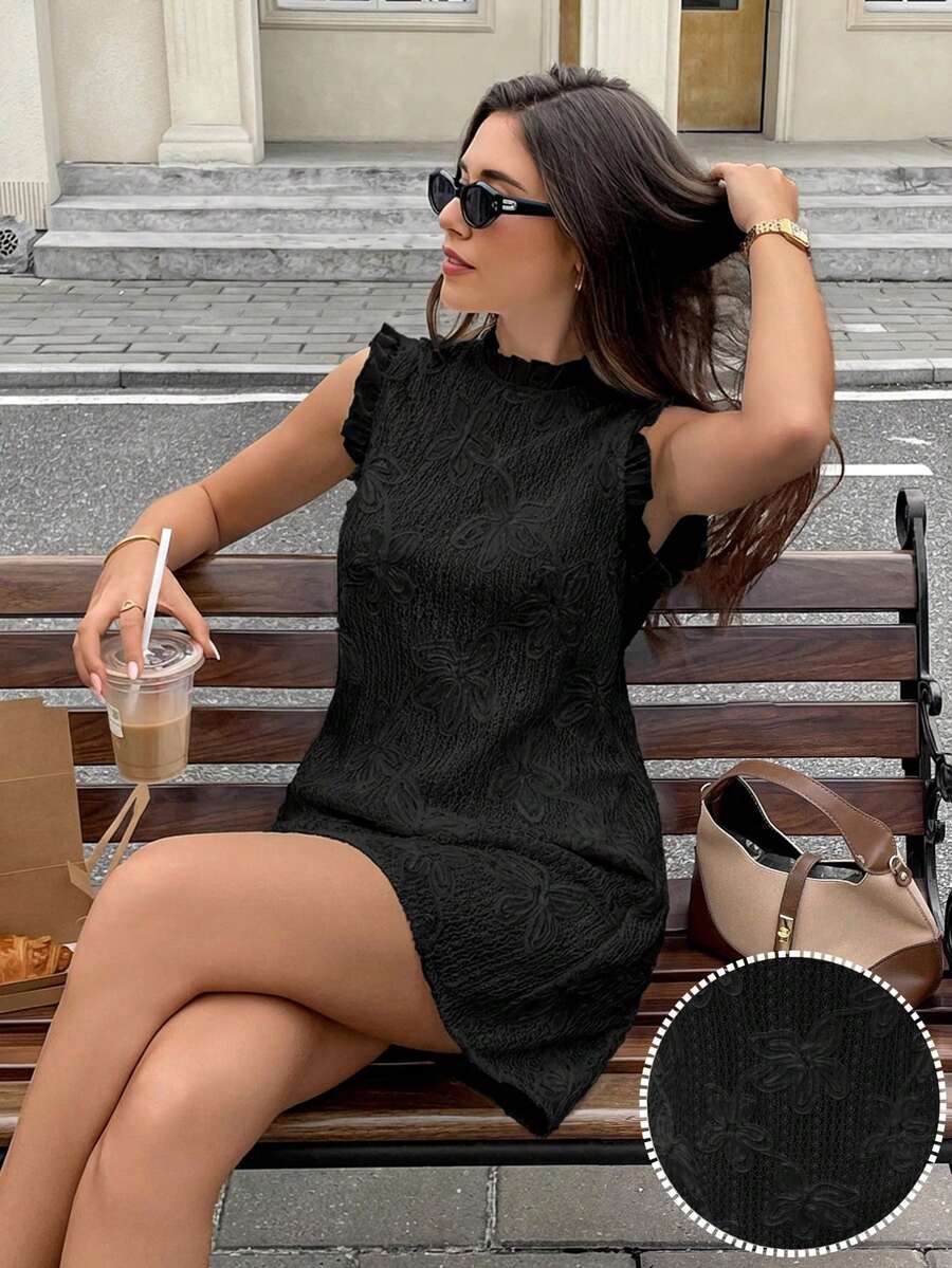 Serisse 女士黑色荷叶边圆领无袖休闲迷你连衣裙 - 黑色 - 查看 1