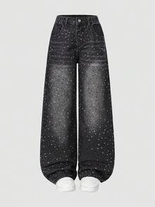 少女休闲时尚简约百搭水钻装饰水洗黑色直筒牛仔裤 - 黑色 - 查看 1