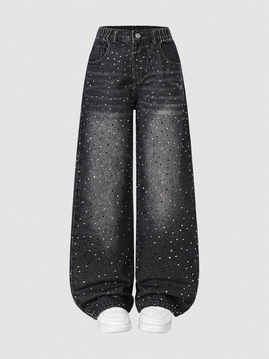 少女休闲时尚简约百搭水钻装饰水洗黑色直筒牛仔裤 - 黑色 - 查看 1