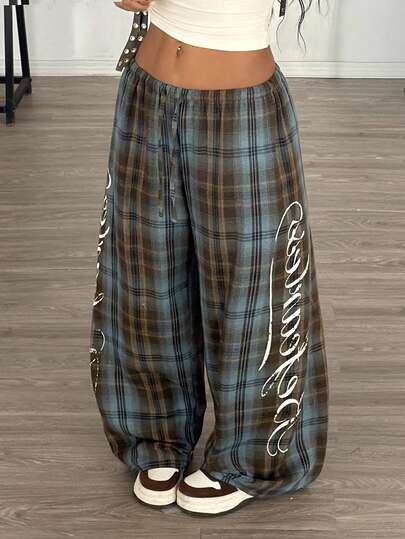 Muchica 女士蓝色格子梭织阔腿裤