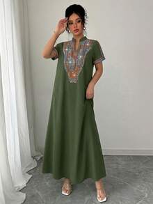 Rafferiza Contrast Color Embroidered Mandarin Collar Rhinestone Embellished Loose Long Dress For Women - Dark Green - View 4