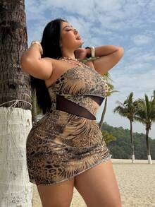 Swim Lushoire Plus Size Women's Swimsuit With Mesh Patchwork, Solid Black Color, Ruched Triangle Bottom - Black - View 5