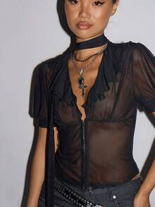 SHEIN ICON Women's Deep V-Neck Mesh Sheer Sexy Blouse, Suitable For Dates And Outings - Black - View 7