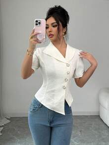 Elenzga Women's Textured Fabric Elegant Blouse, Suitable For Dates, Afternoon Tea, Graduation, Commuting - Apricot - View 4