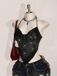 SHEIN ICON 夏季女士黑色哥特风露背性感蝴蝶水钻露背吊带上衣，适合外出、参加科切拉音乐节、夜店等场合，夏季 - 黑色 - 查看 5