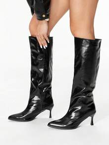 Glitzique Giày bốt cao đến đùi mũi nhọn ôm sát mới mùa thu/đông 2025, thiết kế có thể đảo ngược, nút vá, giày cao gót mèo con - màu đen - Xem 4