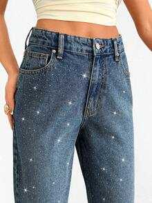 EURMUSE 100% Cotton Women's Denim Jeans With Rhinestone Detail - Medium Wash - View 1