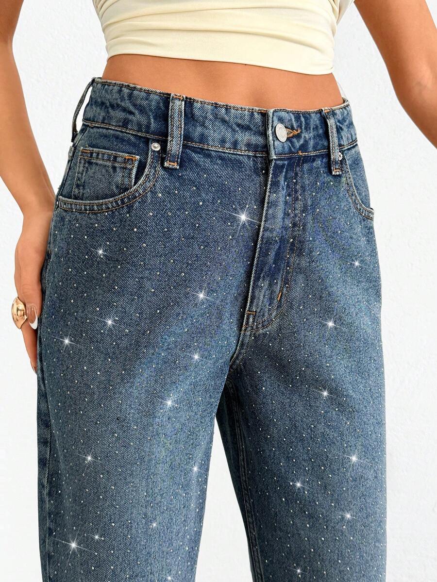 EURMUSE 100% Cotton Women's Denim Jeans With Rhinestone Detail - Medium Wash - View 1