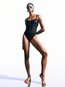 LYSMO Women's Black Summer Cute Beach One-Piece Swimsuit,Mesh Patchwork Rhinestone Hot Silver Embellished Holiday Y2K BOHO Vacation Outfits For Women - Black - View 6
