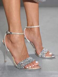 CUCCOO SZL Women's Fashionable White Transparent Clear PVC Crystal Heeled Mule Sandals, Square Toe Mid Heel Sandals For Commute, Date, Party, Holiday, Wedding Spring Shoes Summer - Silver 19 - View 7