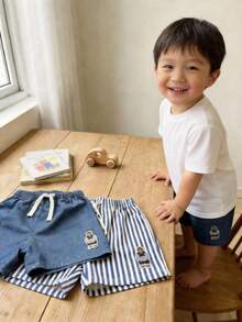 Cozy Pixies 2pcs Young Boy Cartoon Bear Print Striped Elastic Waist Shorts Set - Multicolor - View 5