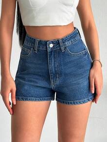 SHEIN 高腰 100% 纯棉女士牛仔蓝水洗短裤 - 中等水洗藍 - 查看 4