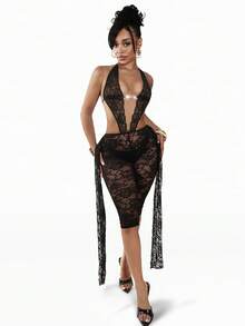 Amplova 2026 Lace See-Through Sexy Music Festival Jumpsuit For Women - Black - View 3